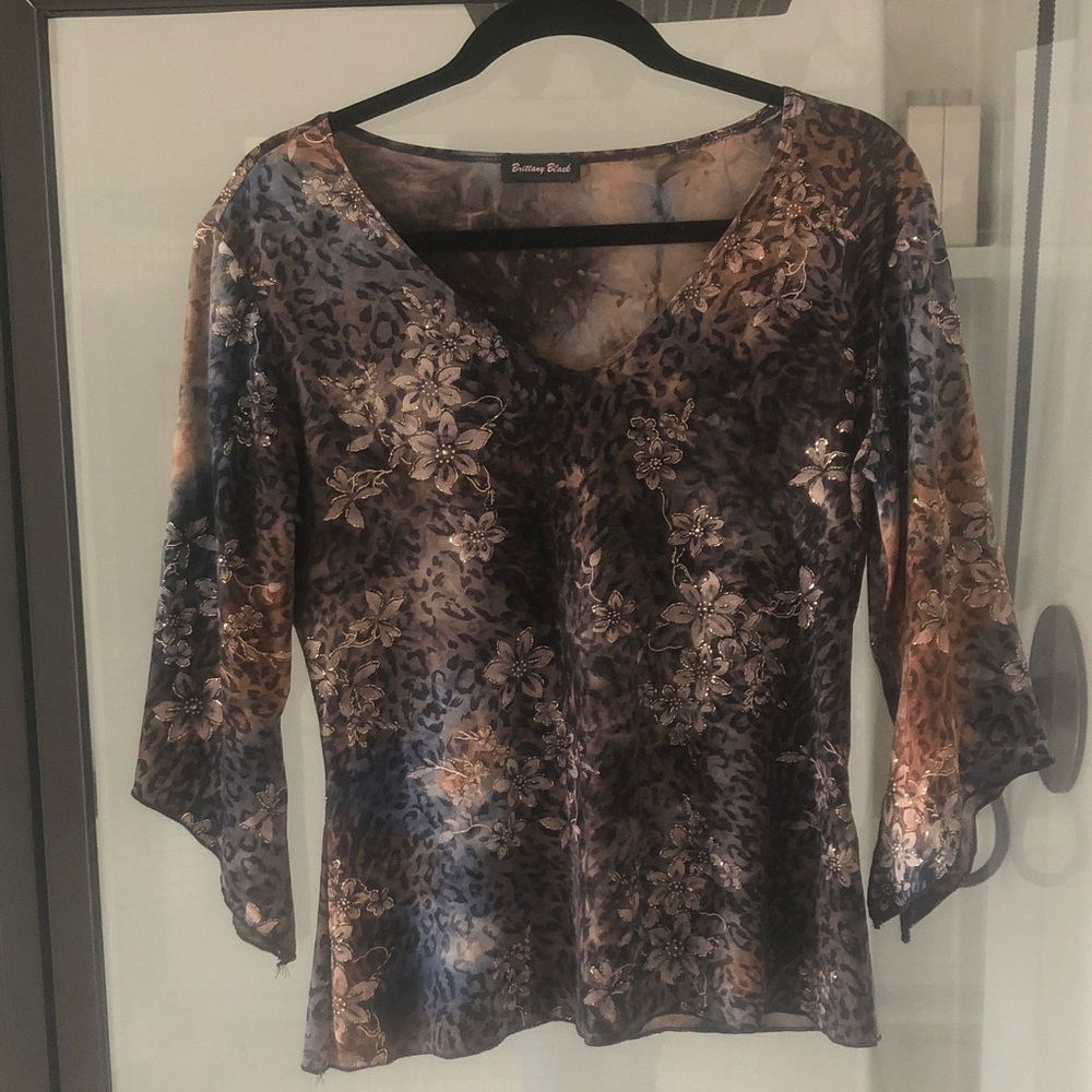 Brittany Black brown blue floral print stretch blouse 90s Y2k fairy goth forest